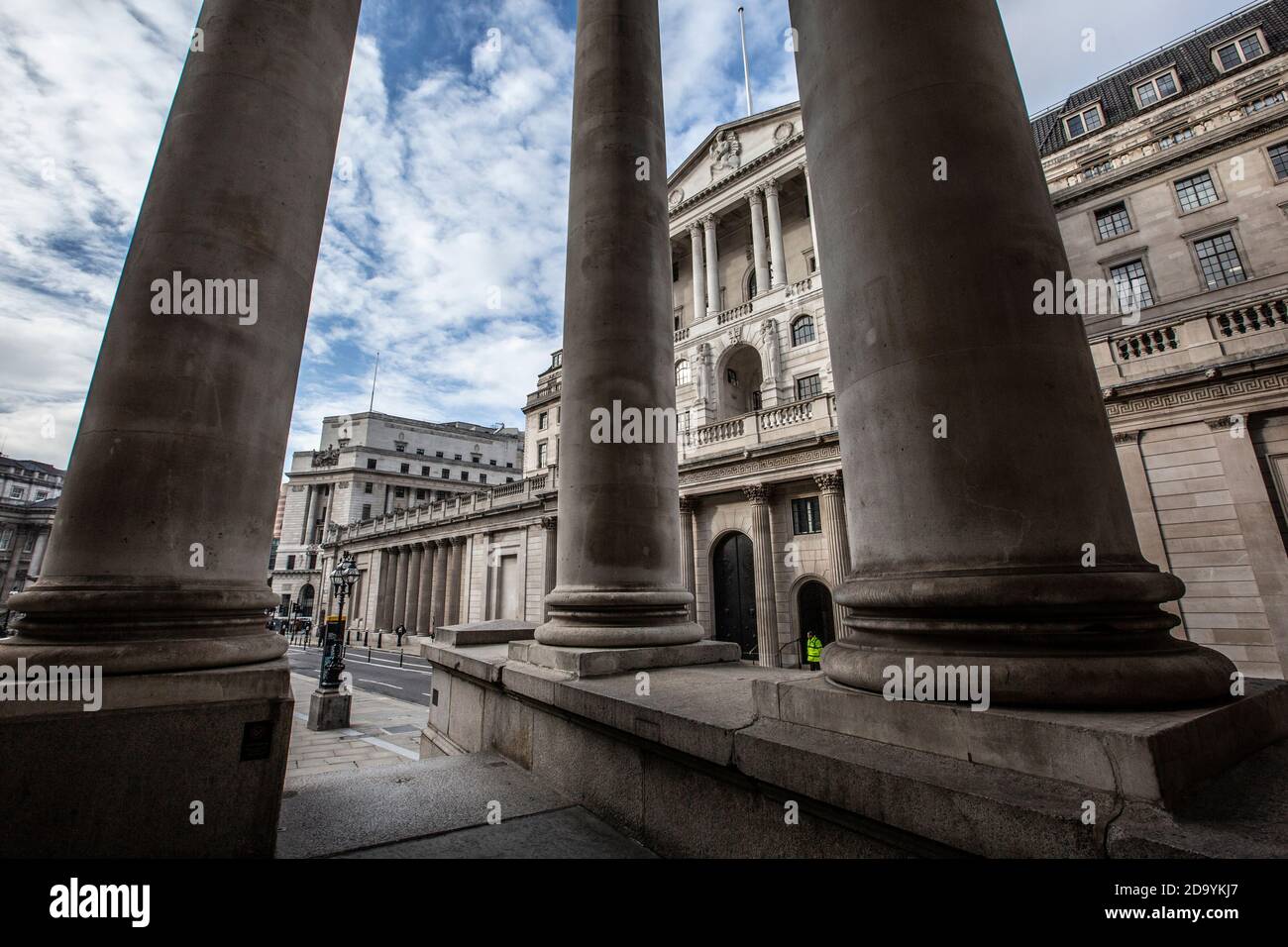 Quiet streets around Bank of England and Royal Exchange on first day of second coronavirus lockdown beginning on 5th November 2020, City of London, UK Stock Photo