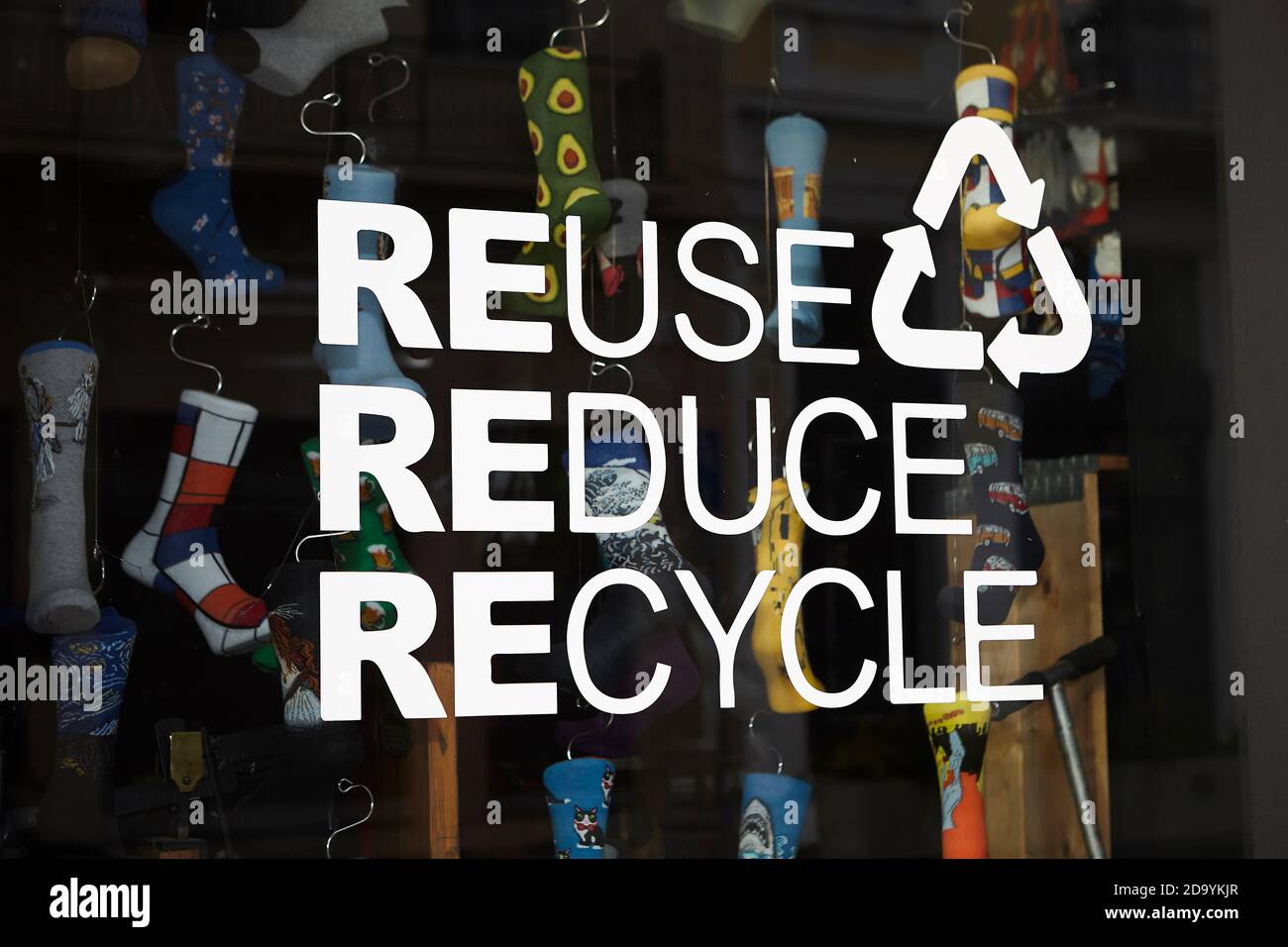 Window shop front with socks , recycle Stock Photo