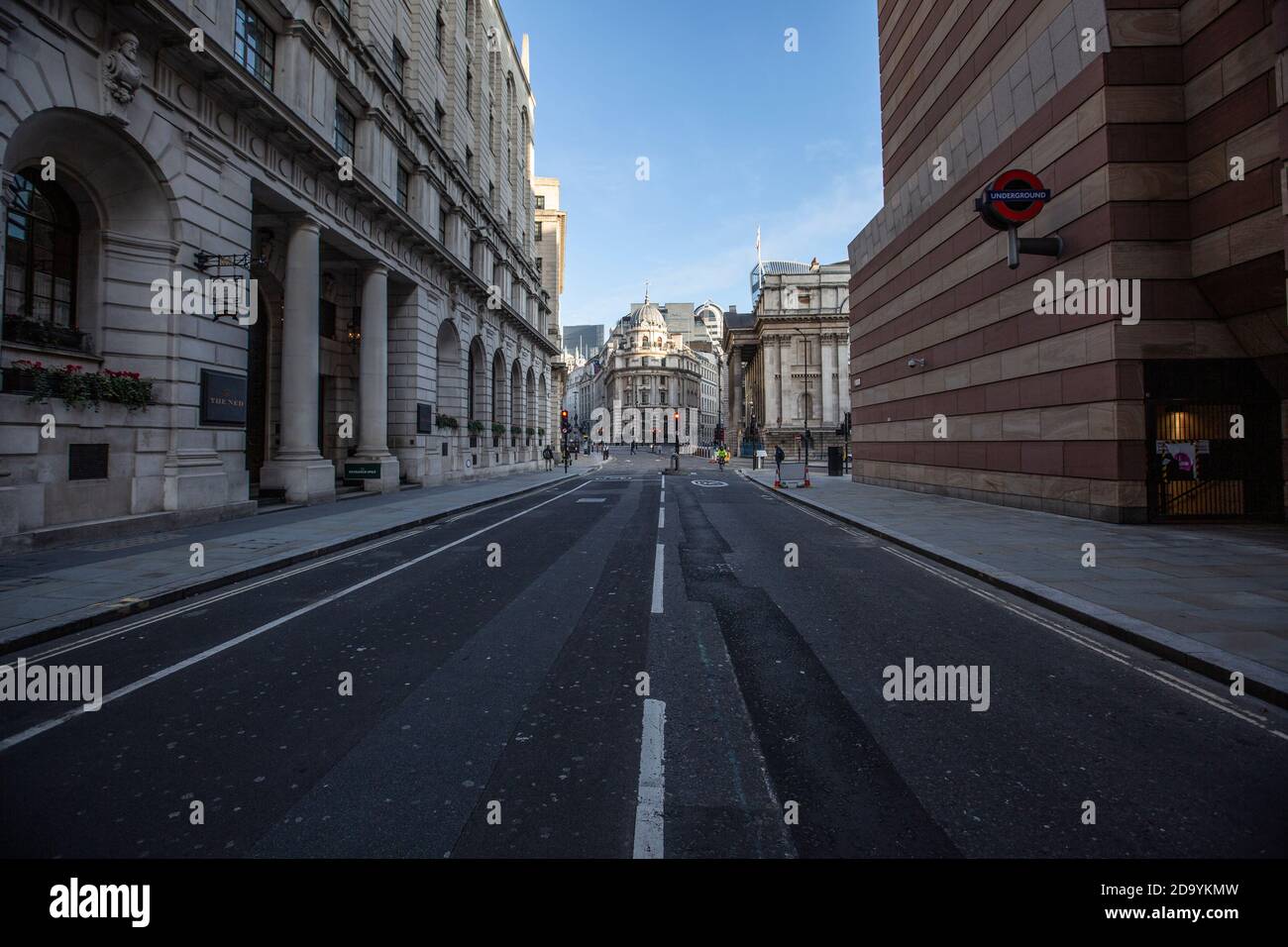 Quiet streets around Bank of England and Royal Exchange on first day of second coronavirus lockdown beginning on 5th November 2020, City of London, UK Stock Photo