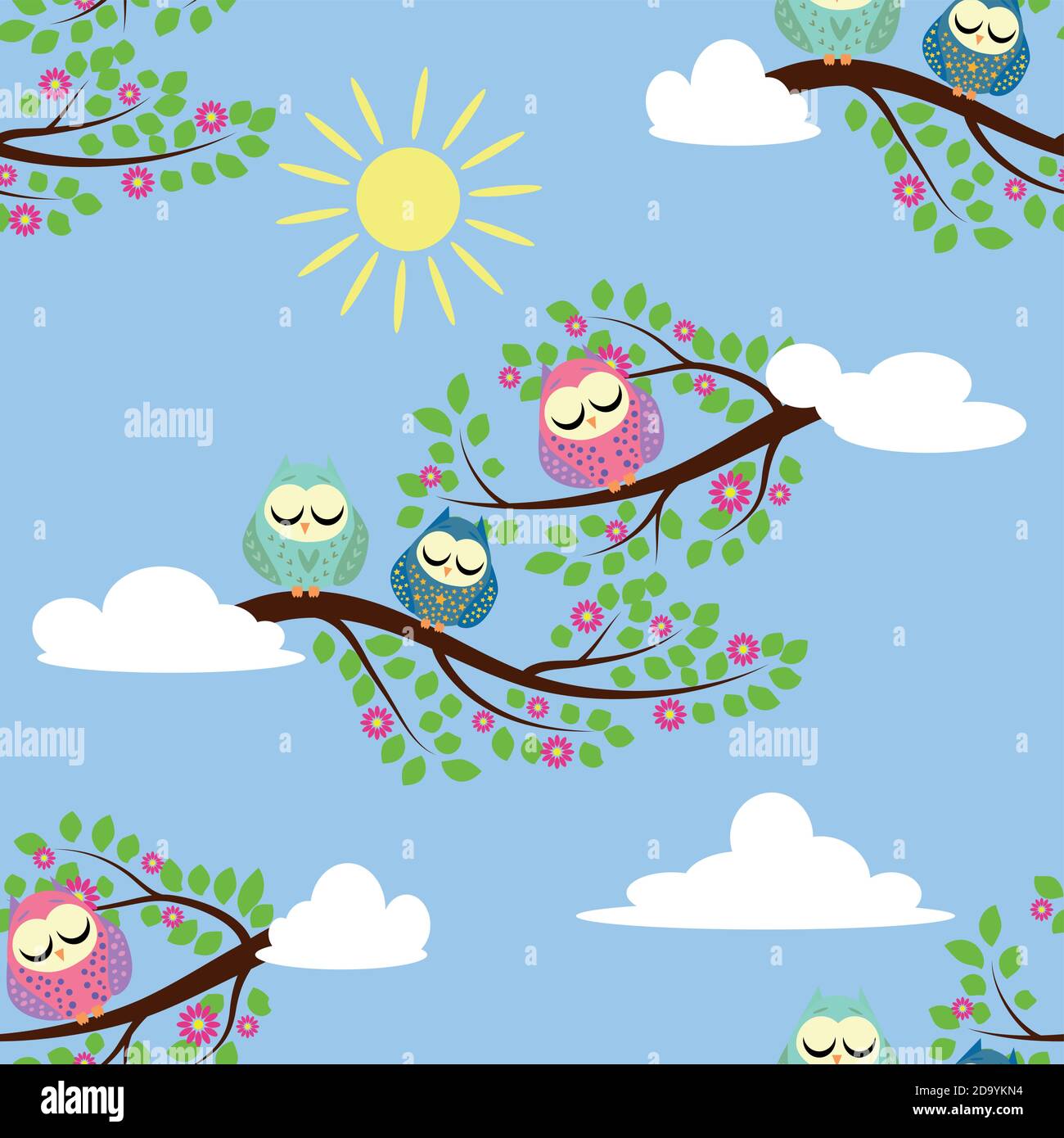 Cute colorful floral seamless pattern with owl and bird Stock Vector ...