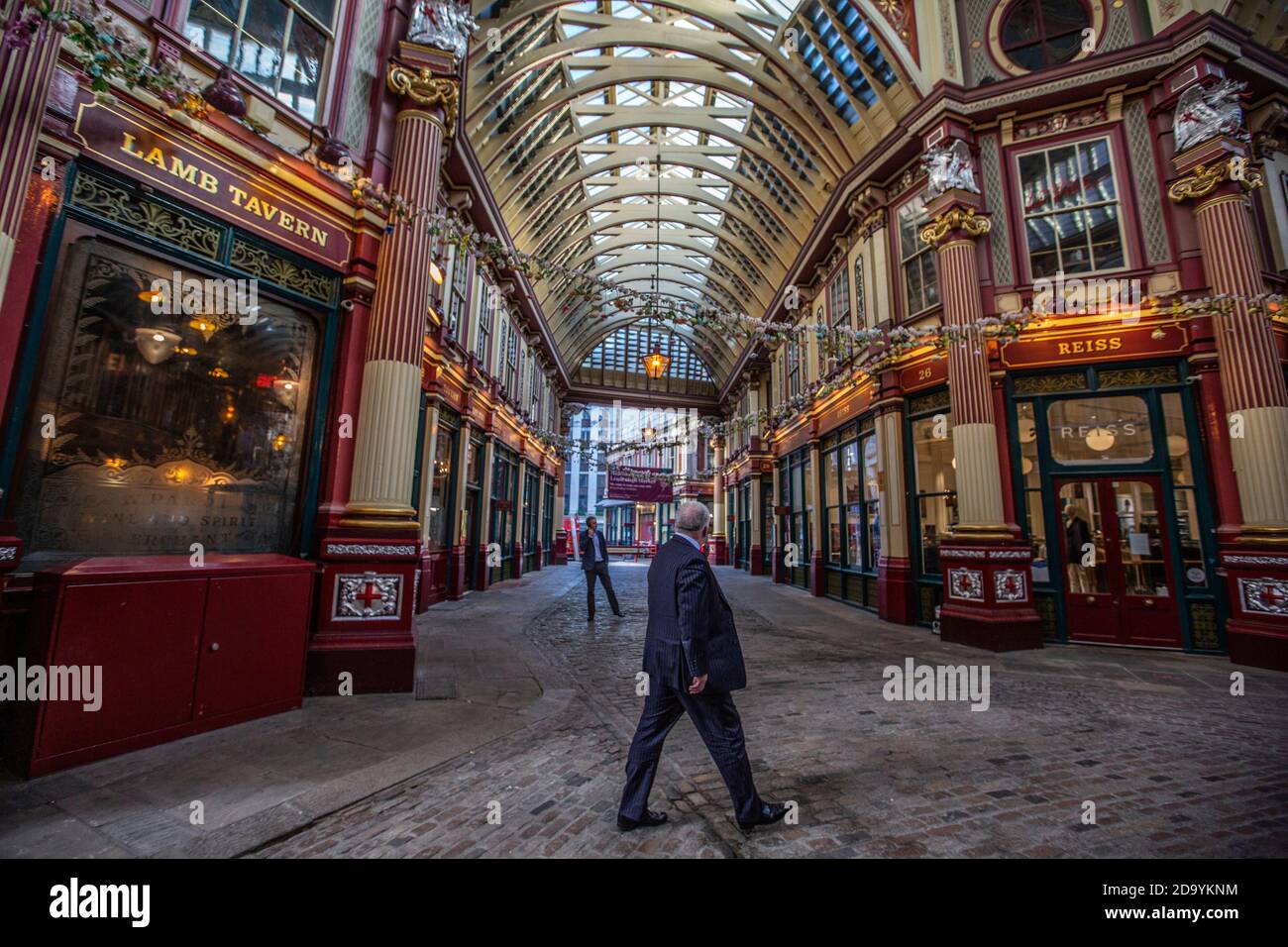 Empty Leadenhall Market in the heart of the finance area on first day of second coronavirus lockdown beginning on 5th November 2020, City of London UK Stock Photo