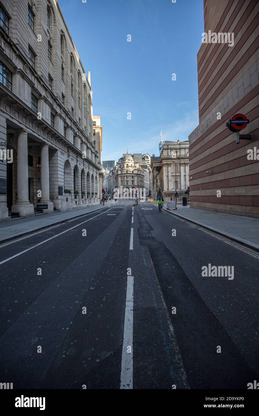 Quiet streets around Bank of England and Royal Exchange on first day of second coronavirus lockdown beginning on 5th November 2020, City of London, UK Stock Photo