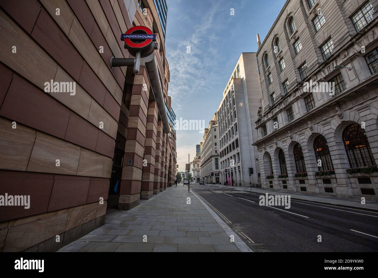 Quiet streets around Bank of England and Royal Exchange on first day of second coronavirus lockdown beginning on 5th November 2020, City of London, UK Stock Photo