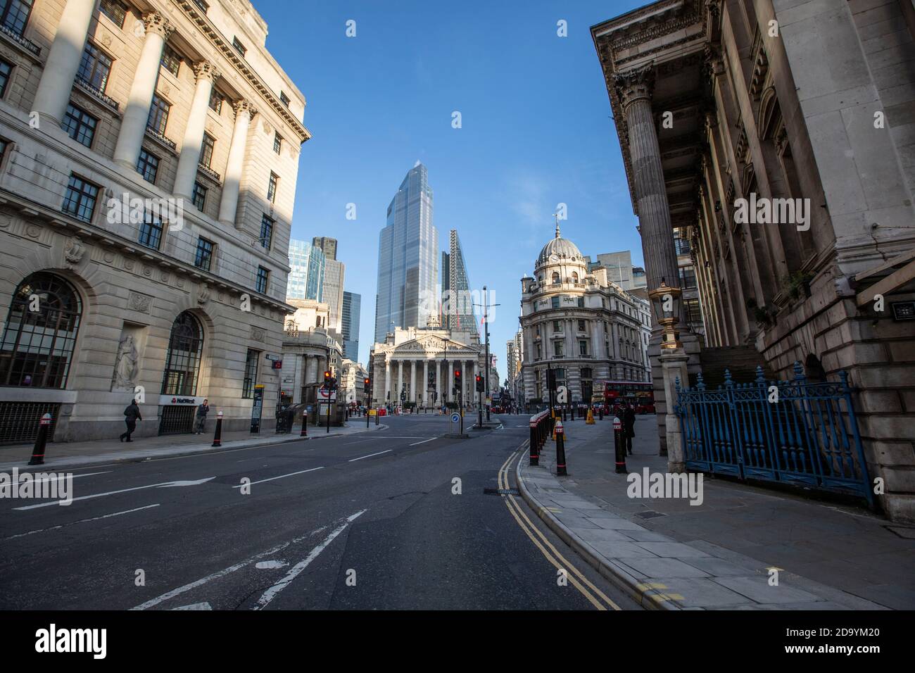 Quiet streets around Bank of England and Royal Exchange on first day of second coronavirus lockdown beginning on 5th November 2020, City of London, UK Stock Photo