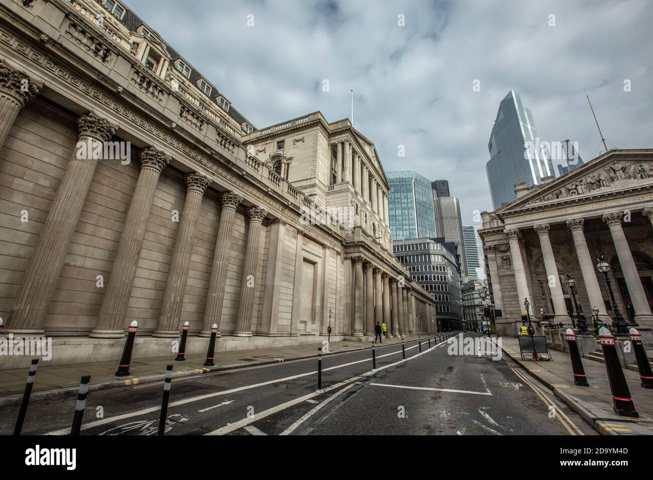 Quiet streets around Bank of England and Royal Exchange on first day of second coronavirus lockdown beginning on 5th November 2020, City of London, UK Stock Photo