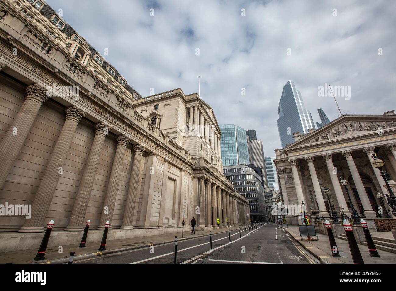 Quiet streets around Bank of England and Royal Exchange on first day of second coronavirus lockdown beginning on 5th November 2020, City of London, UK Stock Photo