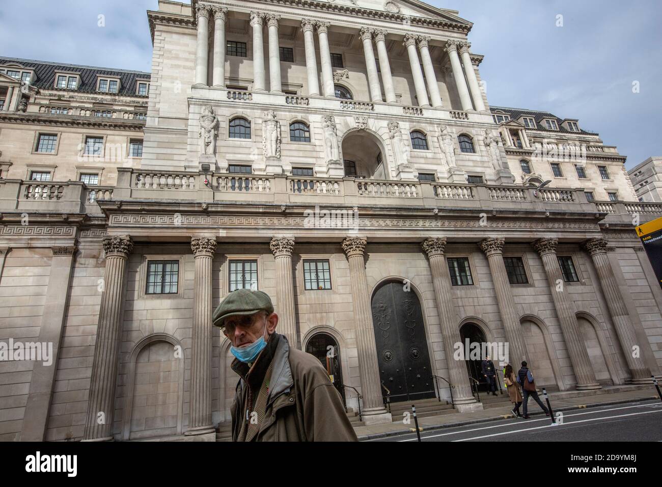 Quiet streets around Bank of England and Royal Exchange on first day of second coronavirus lockdown beginning on 5th November 2020, City of London, UK Stock Photo