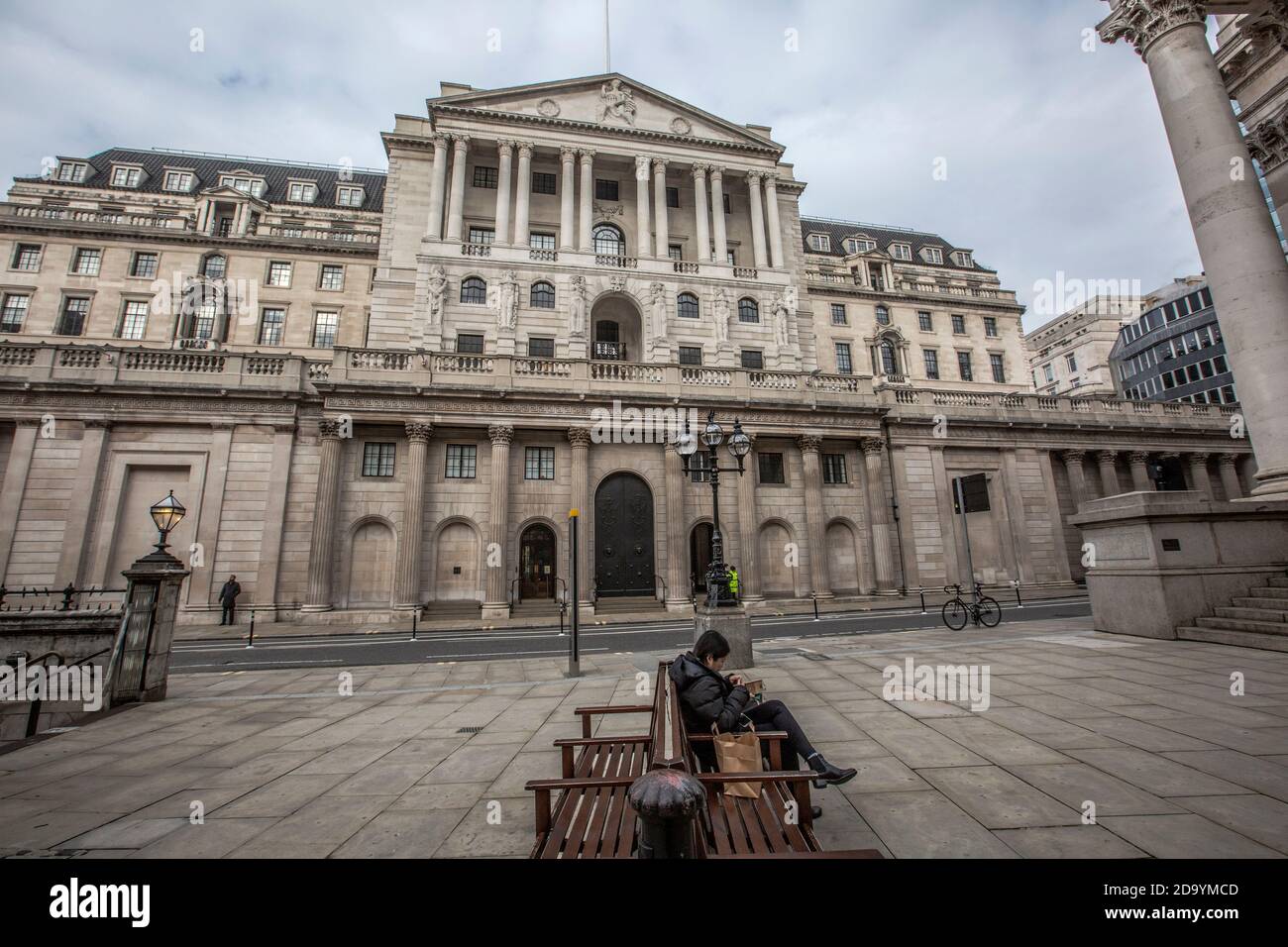 Quiet streets around Bank of England and Royal Exchange on first day of second coronavirus lockdown beginning on 5th November 2020, City of London, UK Stock Photo