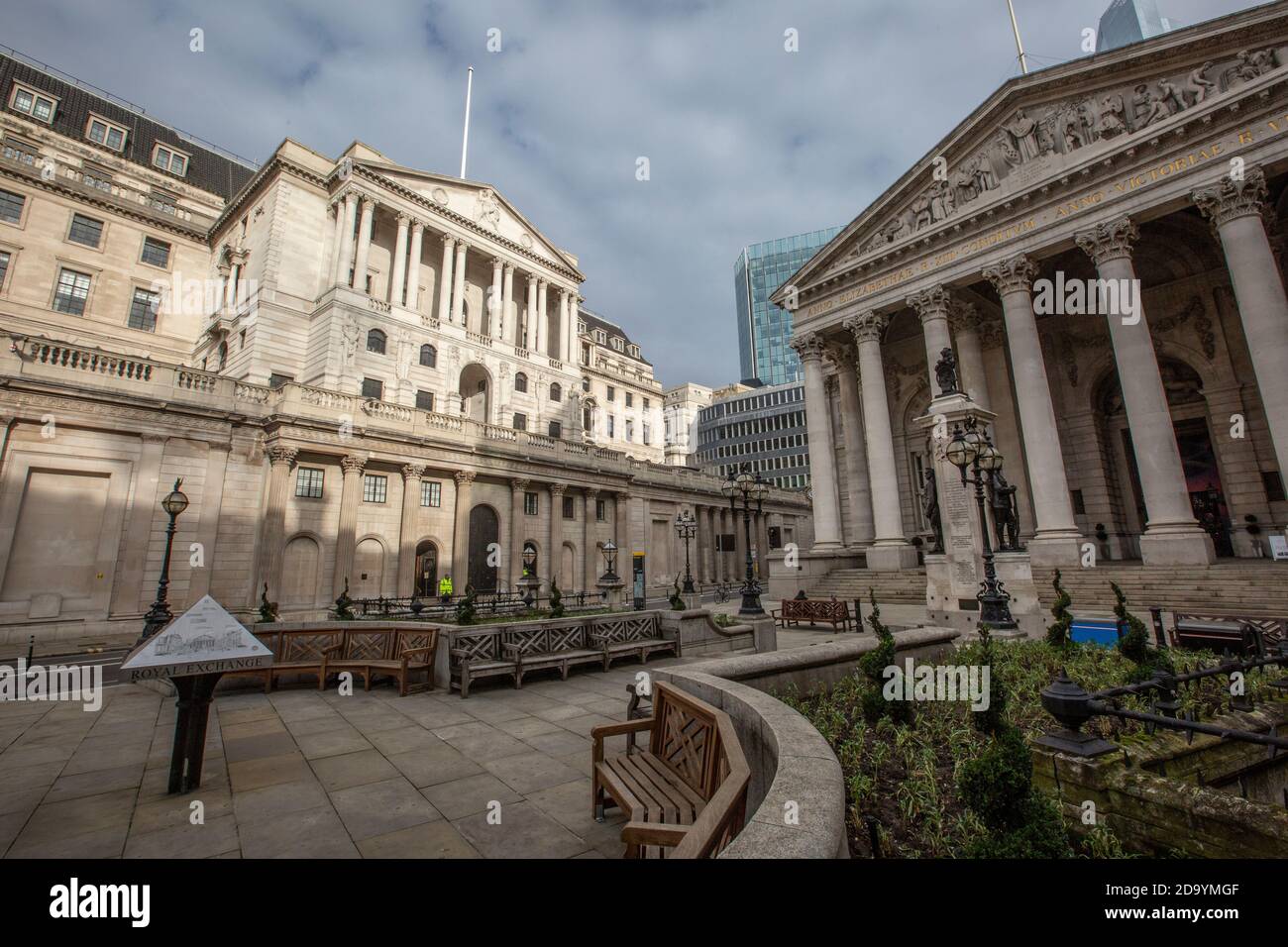 Quiet streets around Bank of England and Royal Exchange on first day of second coronavirus lockdown beginning on 5th November 2020, City of London, UK Stock Photo