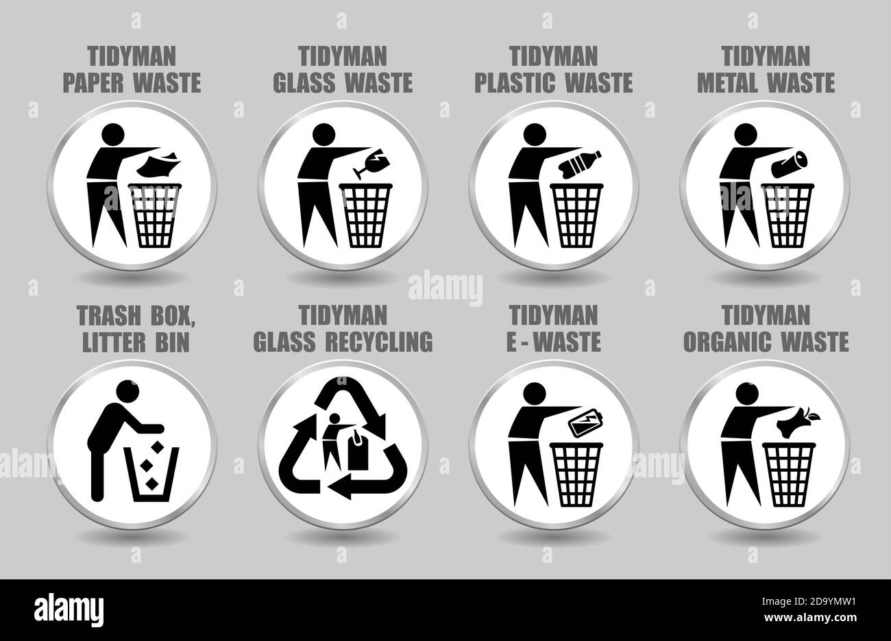 Vector set of tidy man icons with plastic, glass, paper, metal, organic, battery waste management signs. Pictograms of different trash, litter, rubbis Stock Vector
