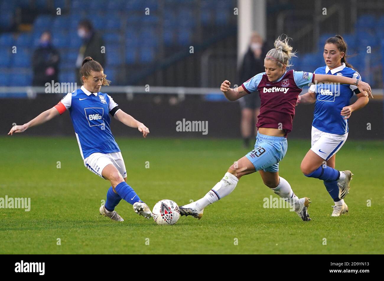 Birmingham City's Christie Murray (left) and West Ham United's Rachel Daly battle for the ball during the FA Women's Super League match at the SportNation.bet Stadium, Solihull. Stock Photo