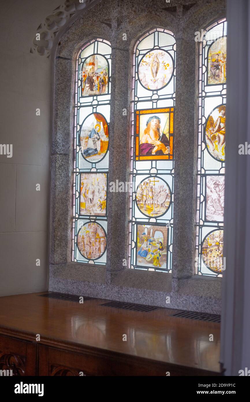 Stained glass window in Castle at Saint Michaels Mount in Cornwall