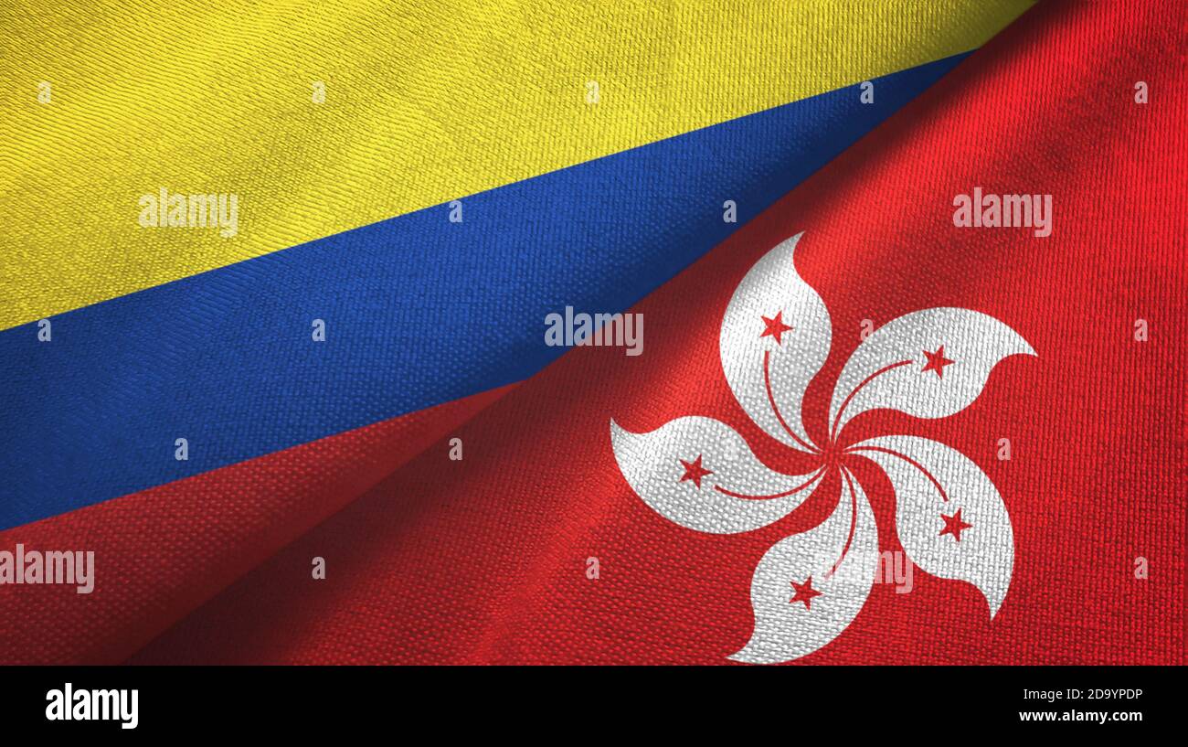 Colombia and Hong Kong two flags textile cloth, fabric texture Stock Photo