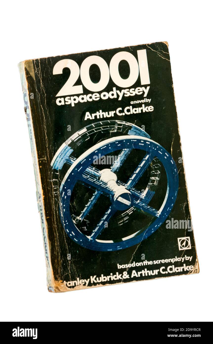 An old battered paperback copy of 2001 A Space Odyssey by Arthur C. Clarke.  Developed with Stanley Kubrick film version and first published in 1968. Stock Photo