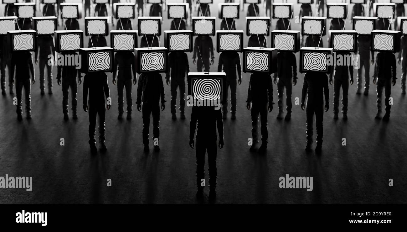 Zombie people with an old tv instead of head. Mass media addiction. Television manipulation and crowd control. Brainwashing concept. 3d render Stock Photo