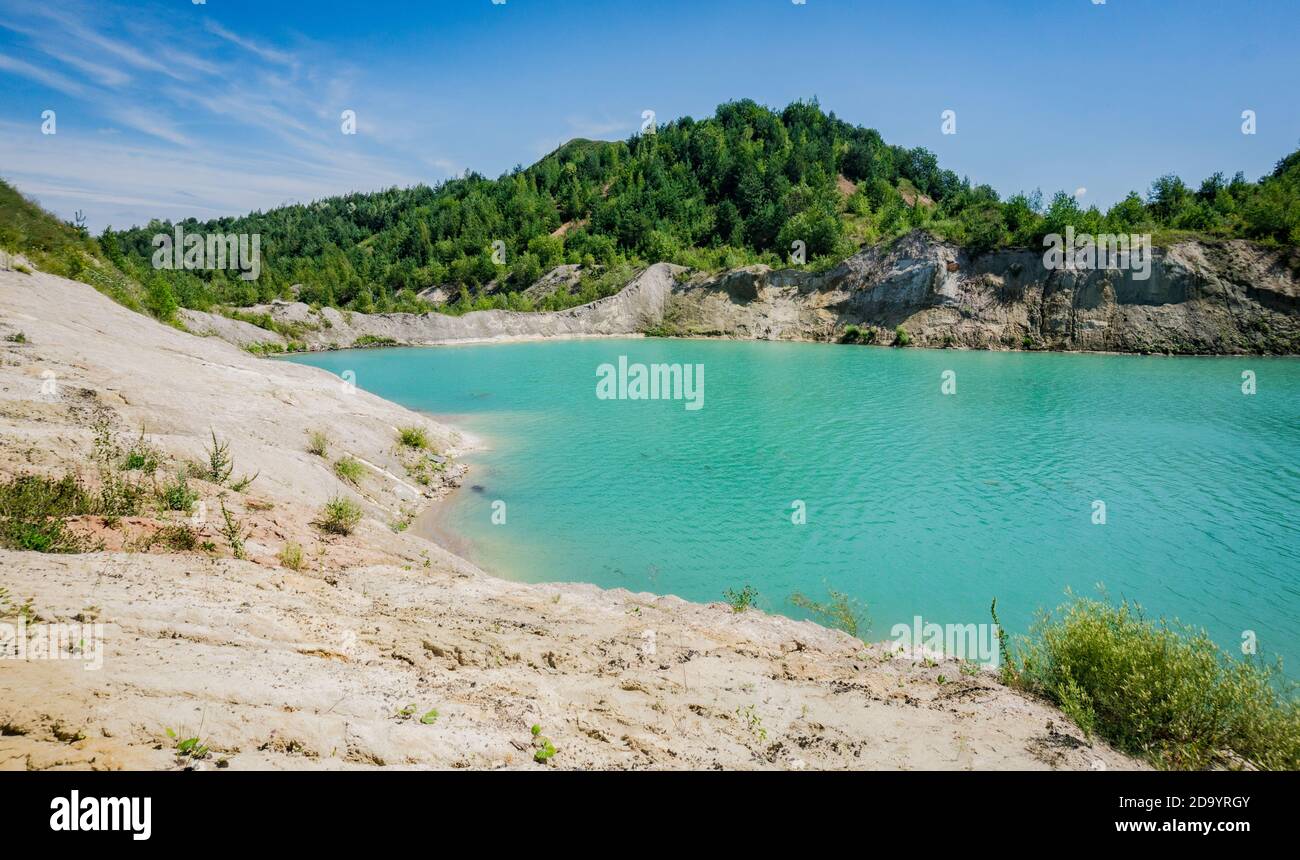 Volkovysk chalk pits or Belarusian Maldives  beautiful saturated blue lakes. Famous chalk quarries near Vaukavysk, Belarus Stock Photo