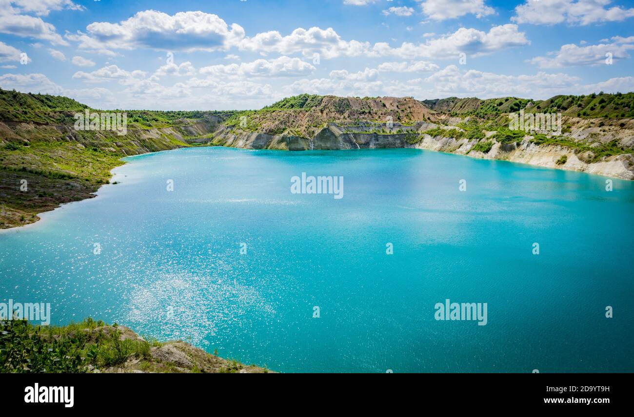 Volkovysk chalk pits or Belarusian Maldives  beautiful saturated blue lakes. Famous chalk quarries near Vaukavysk, Belarus Stock Photo
