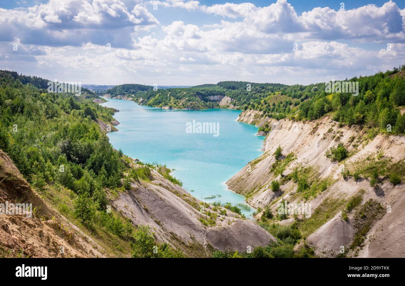Volkovysk chalk pits or Belarusian Maldives  beautiful saturated blue lakes. Famous chalk quarries near Vaukavysk, Belarus Stock Photo