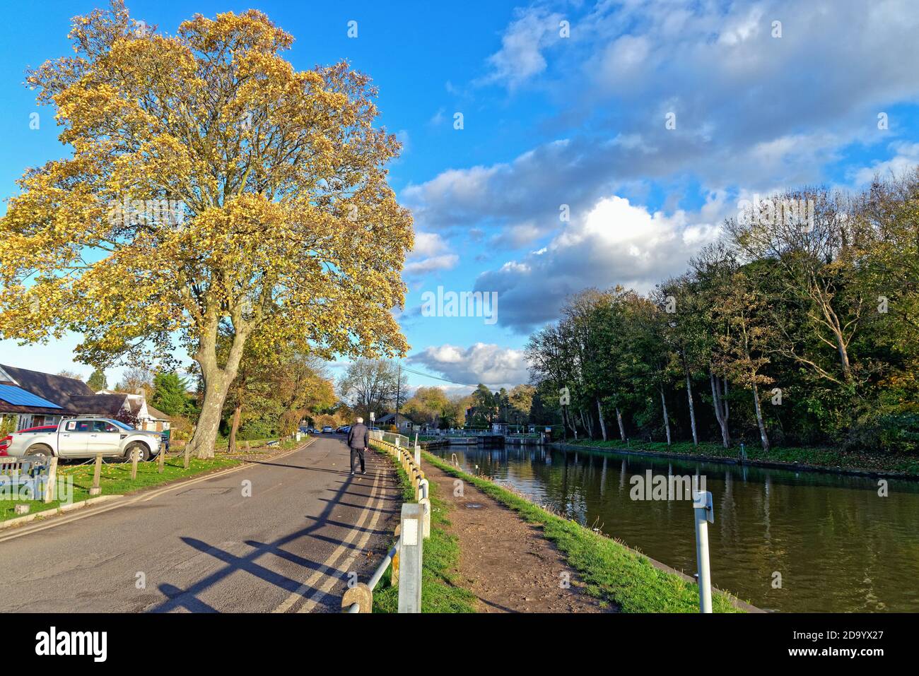 The riverside at Shepperton lock on a sunny autumnal day Surrey England