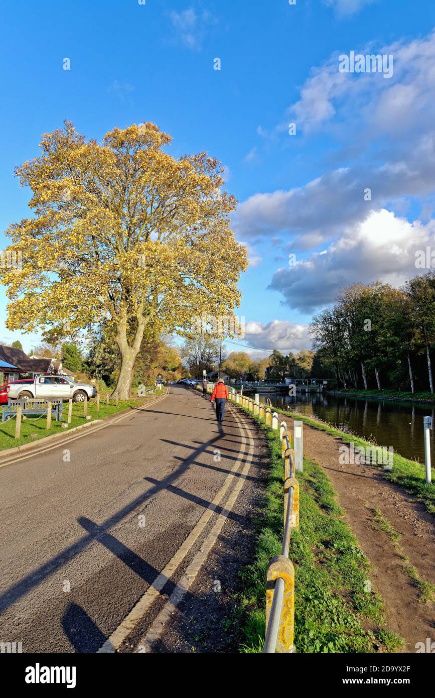 The riverside at Shepperton lock on a sunny autumnal day Surrey England