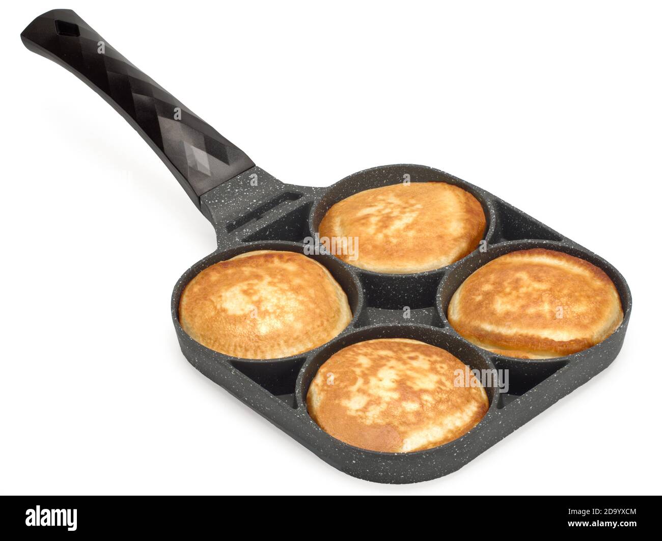 Frying pan for pancakes top view. Cooking pancakes. Isolated on white