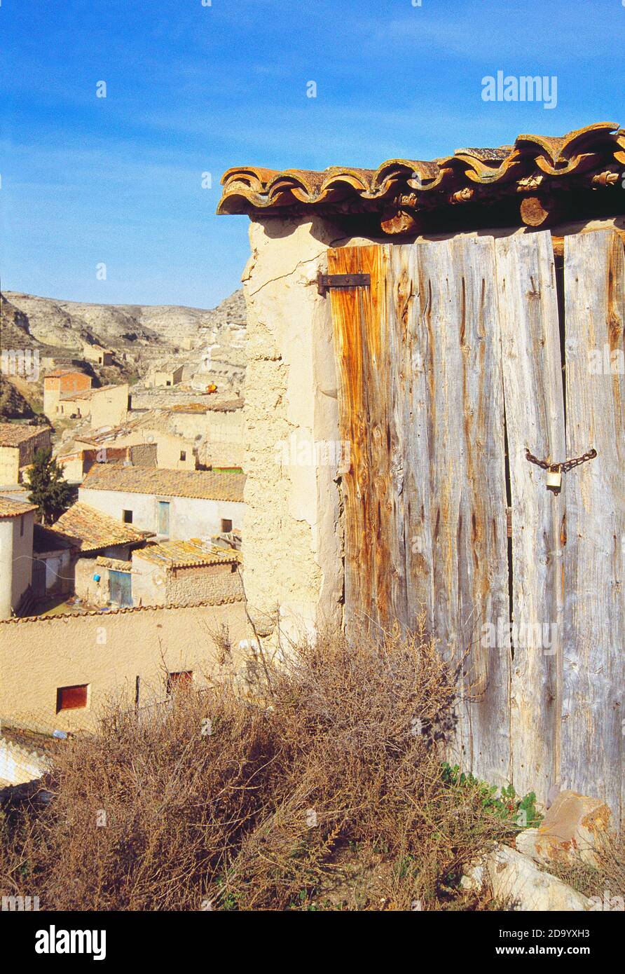 Old wooden gate. Terrer, Zaragoza province, Aragon, Spain. Stock Photo