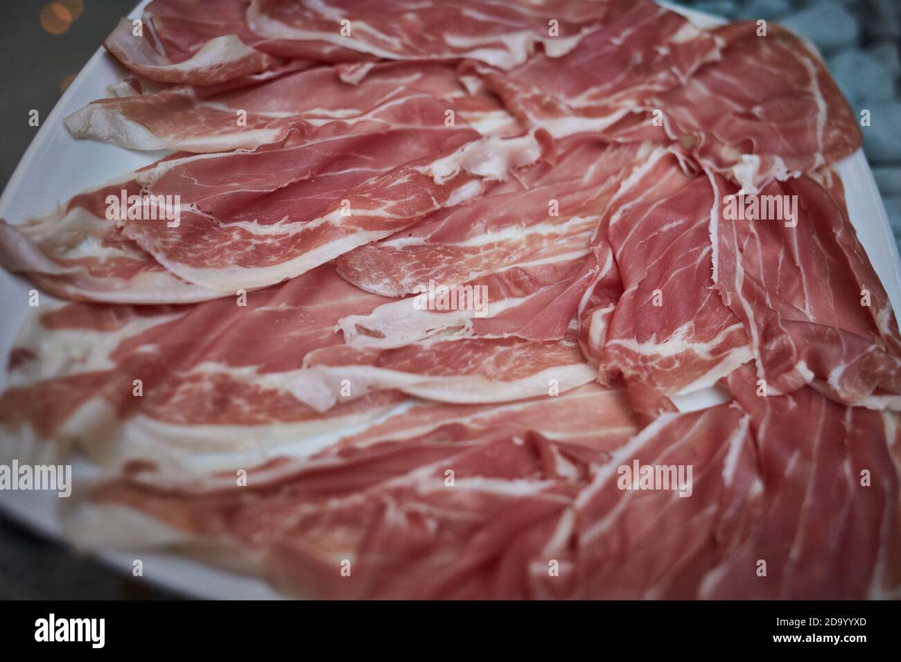 San Daniele del Friuli, Italy, August 2019. Prosciutto di San Daniele PDO, the  dry-cured ham from the Friuli-Venezia Giulia region. Stock Photo