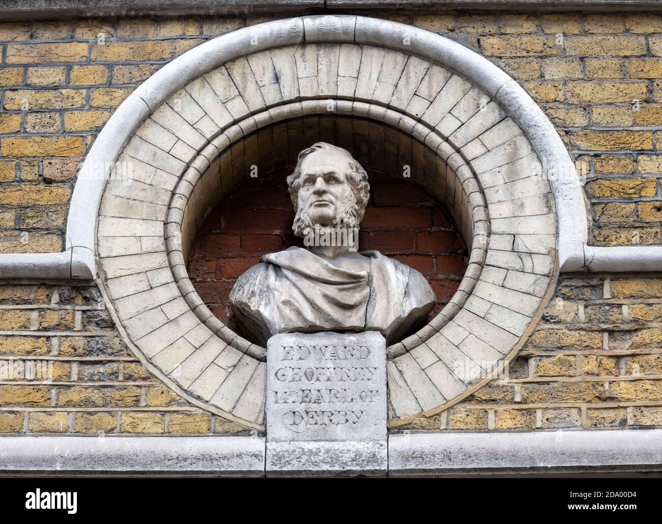 Sculpture of Edward Geoffrey 14th Earl of Derby on the façade at 22 Great Windmill Street, London,, England, UK Stock Photo