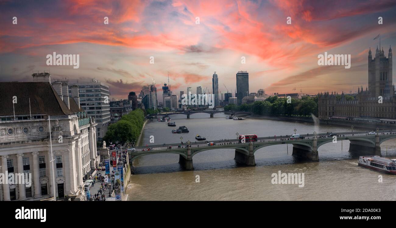Dramatic landscape looking west along the River Thames, London, England, UK Stock Photo