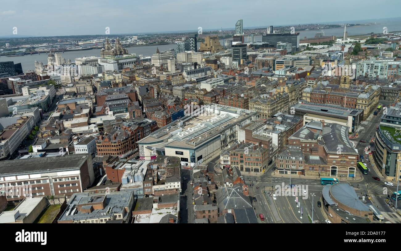 Aerial landscape view over the Liverpool City Centre, Liverpool, England, UK Stock Photo