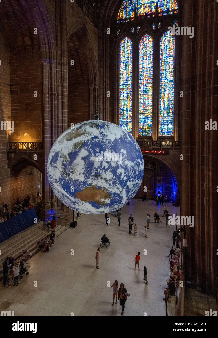 Earth Art Gala, Liverpool Cathedral, Liverpool, England, UK - a planet earth installation by Luke Jerram. Stock Photo