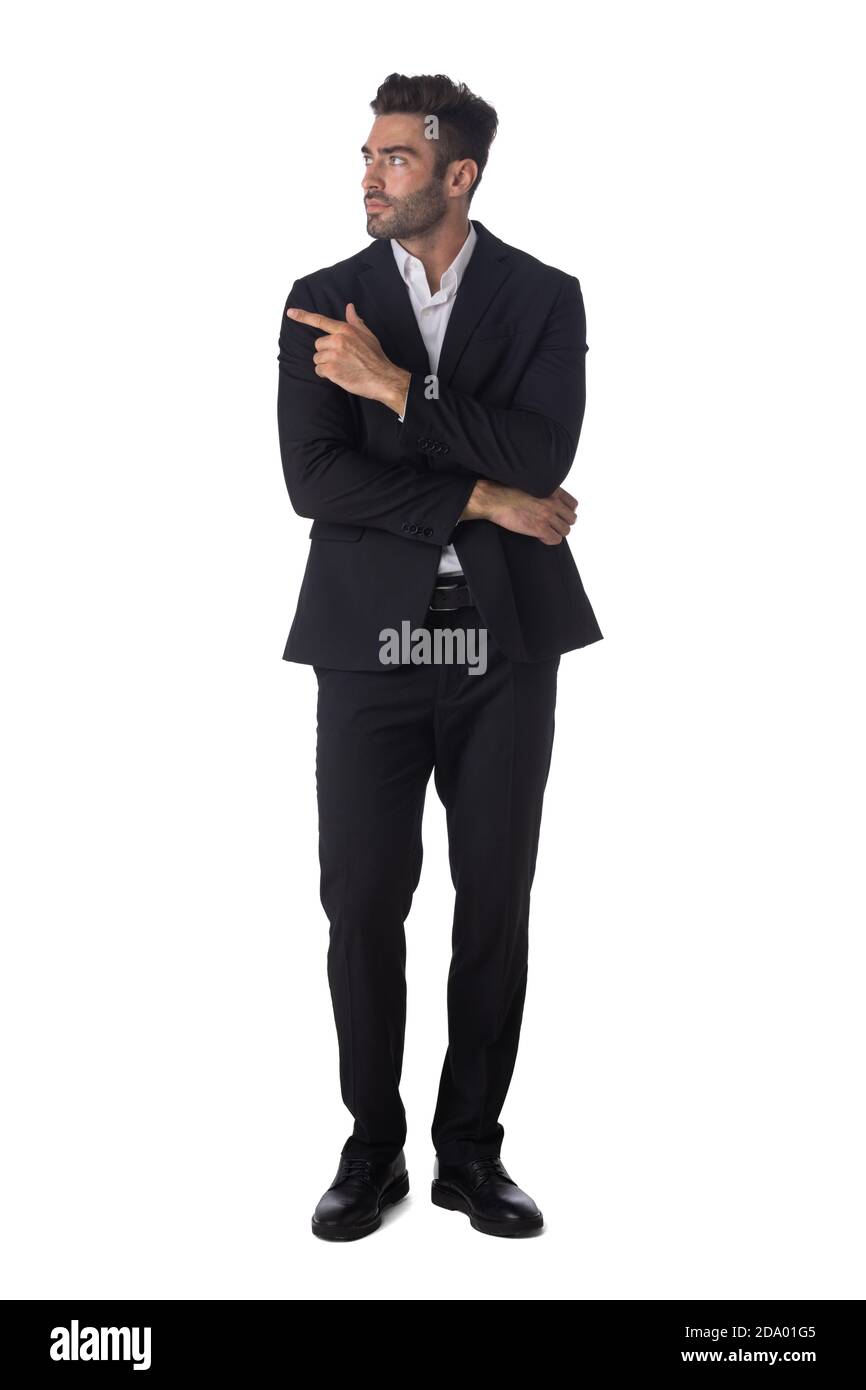 Full length portrait of young handsome business man in black suit ...