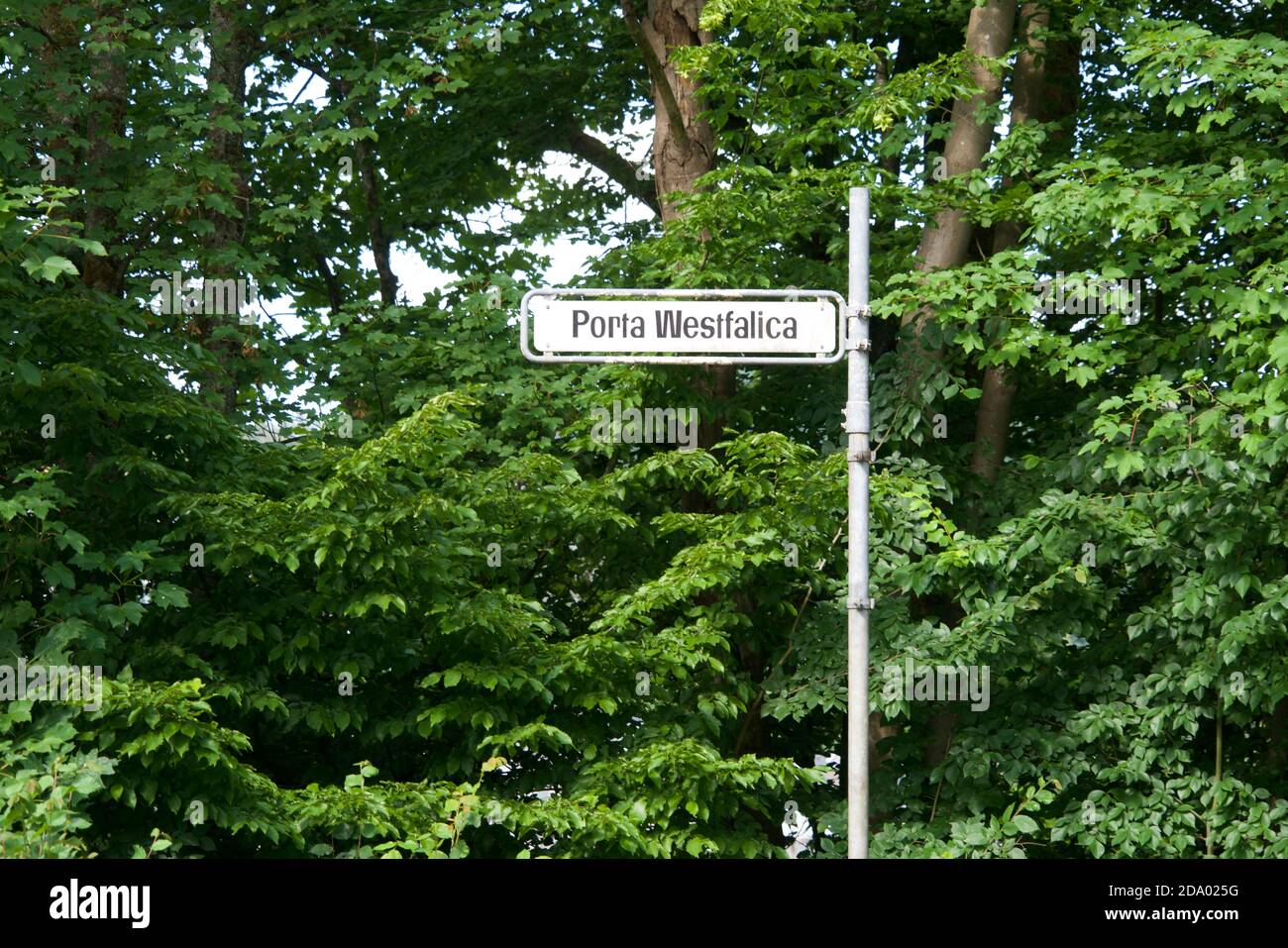 Road sign Porta Westfalica in front of trees Stock Photo