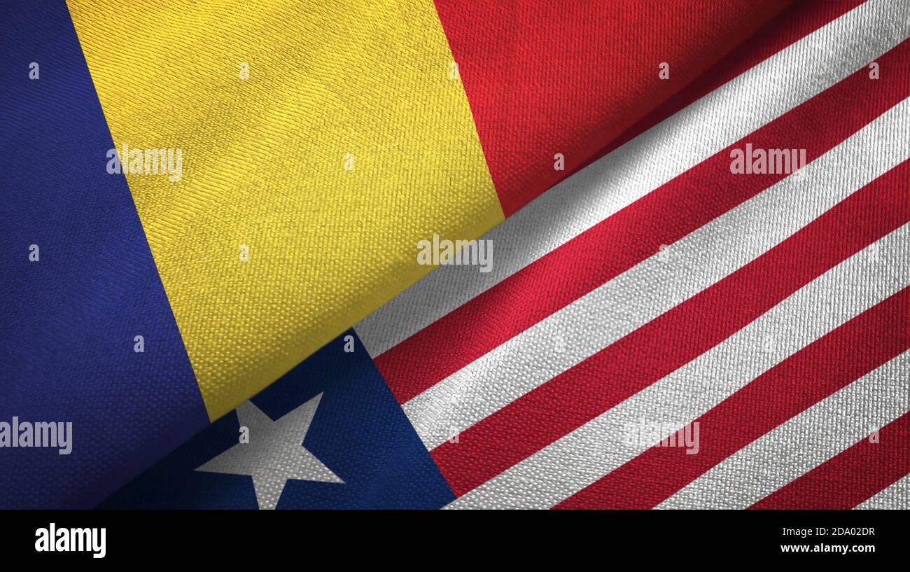 Romania and Liberia two flags textile cloth, fabric texture Stock Photo