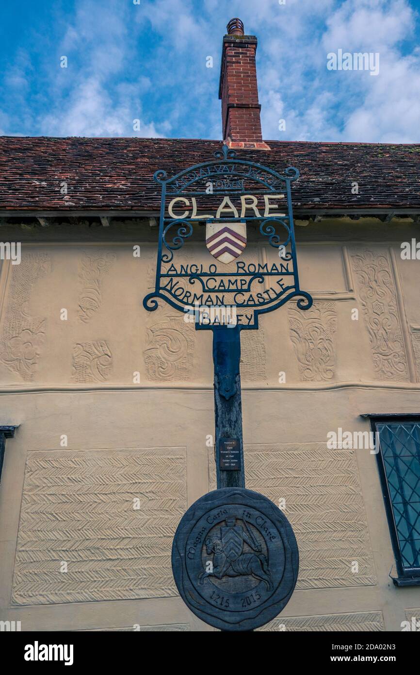 Town Sign of Clare originally an Anglo roman camp with a Norman castle Suffolk England Stock Photo