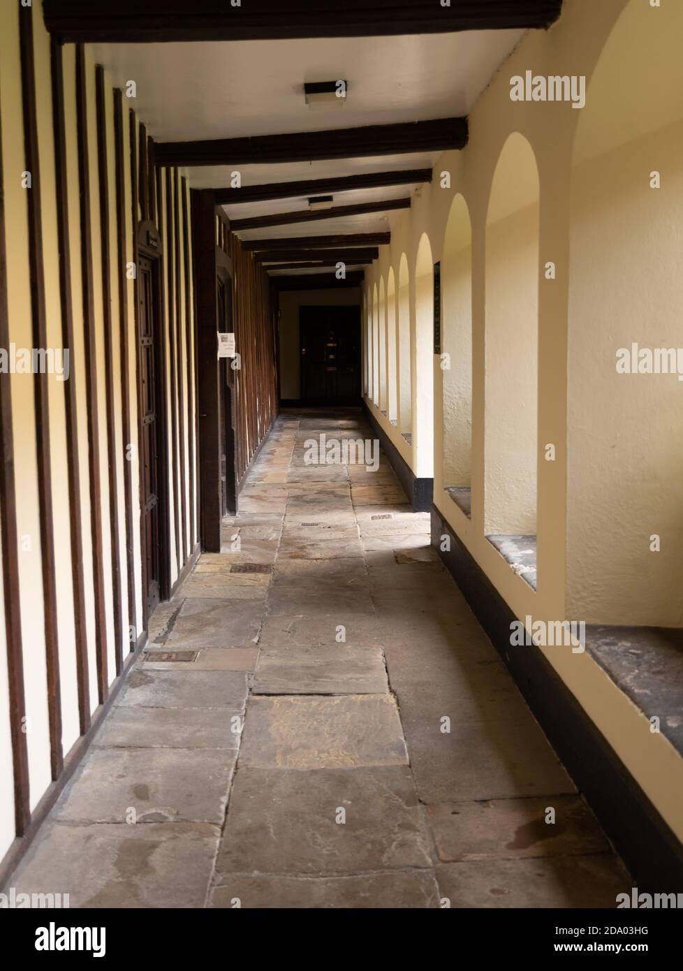 Beamed walkway in Cloister Court, Queens' College, Cambridge, England Stock Photo