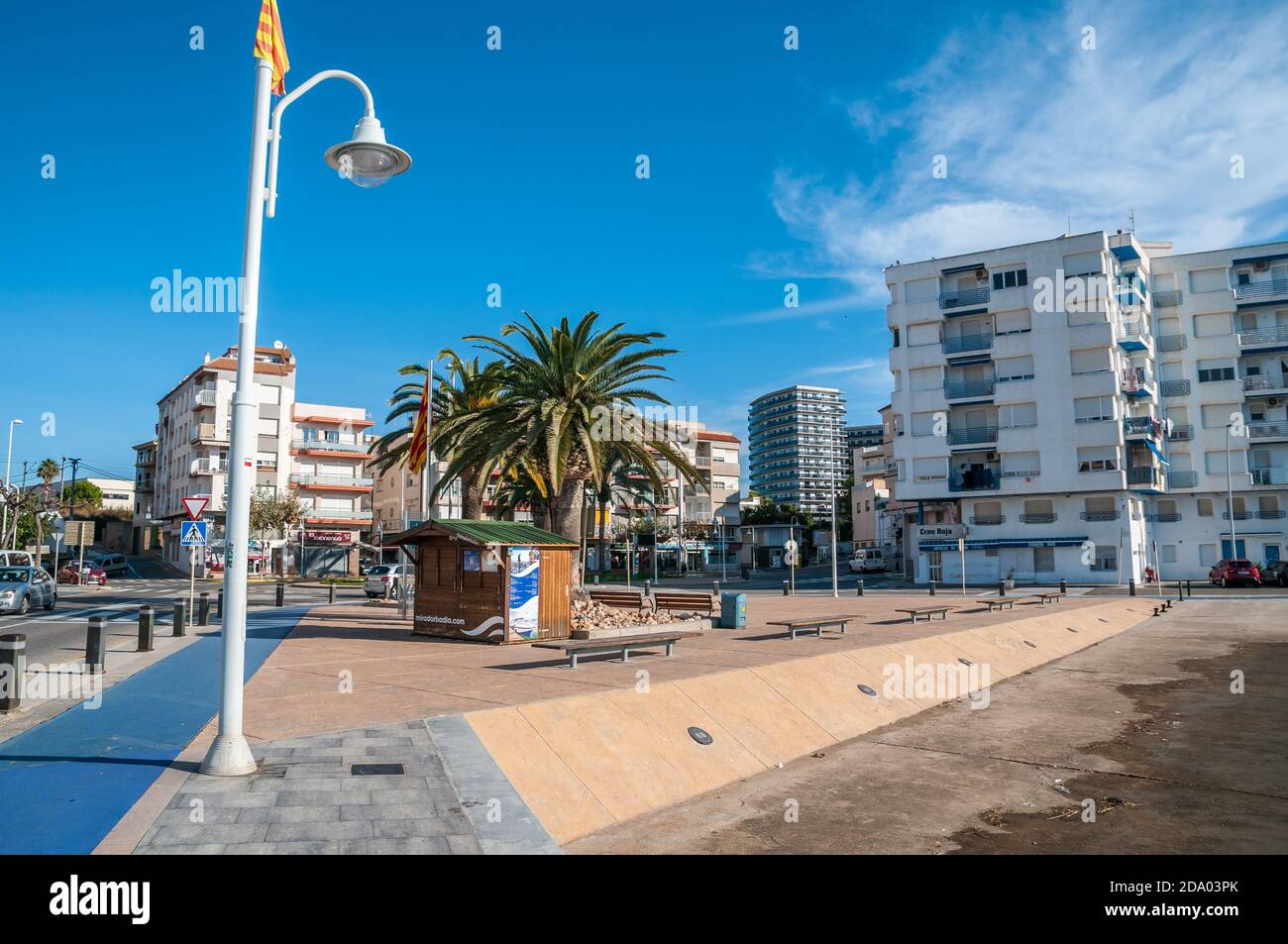 ampolla beach promenade, Ampolla, Tarragona, Catalonia, Spain Stock Photo