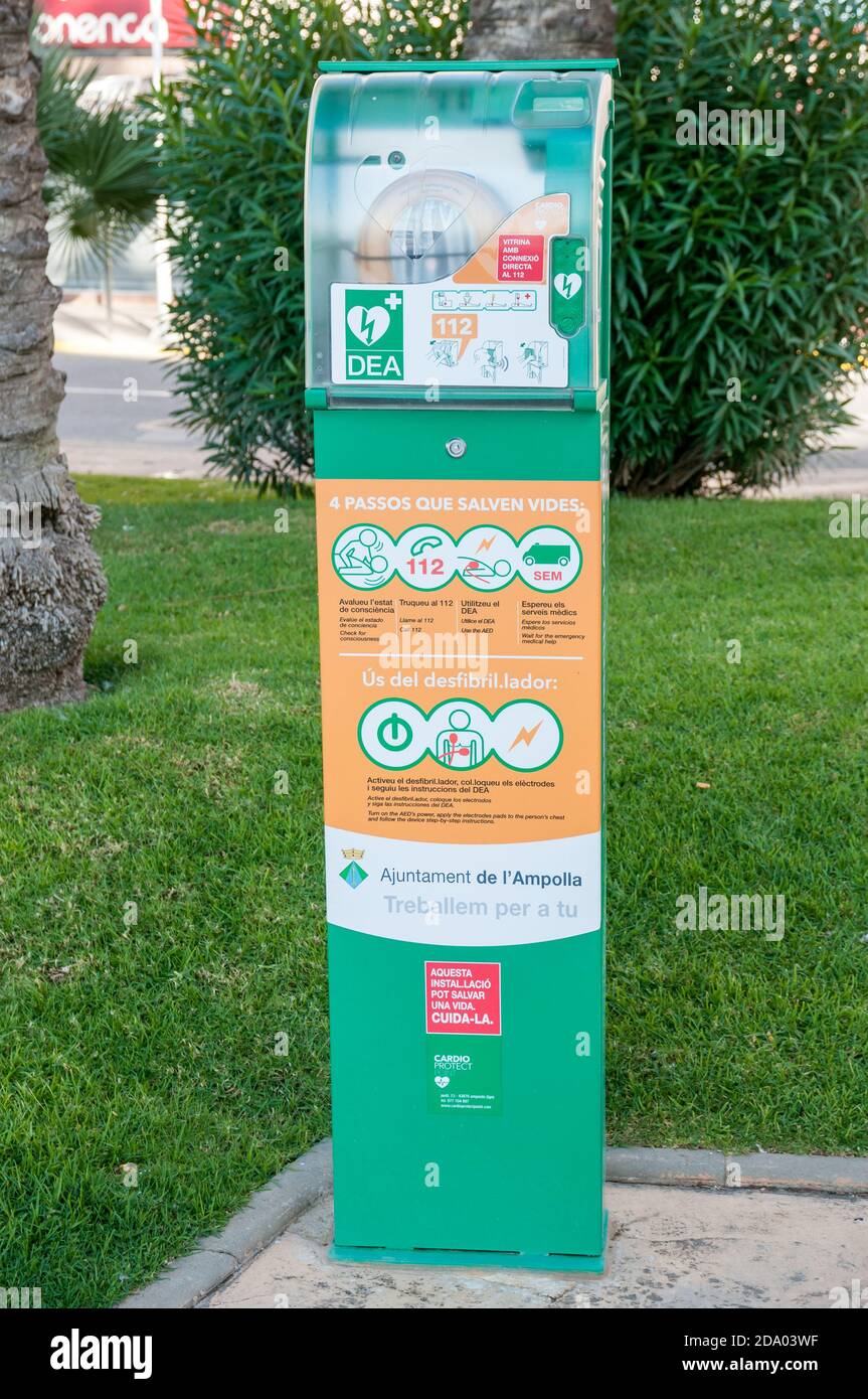 automated external defibrillator (AED) in the street of the city of l'Ampolla, Tarragona, Catalonia, Spain Stock Photo