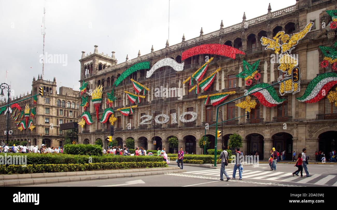 2010 Bicentennial Independence decorations in the Zocalo, Mexico City, Mexico Stock Photo