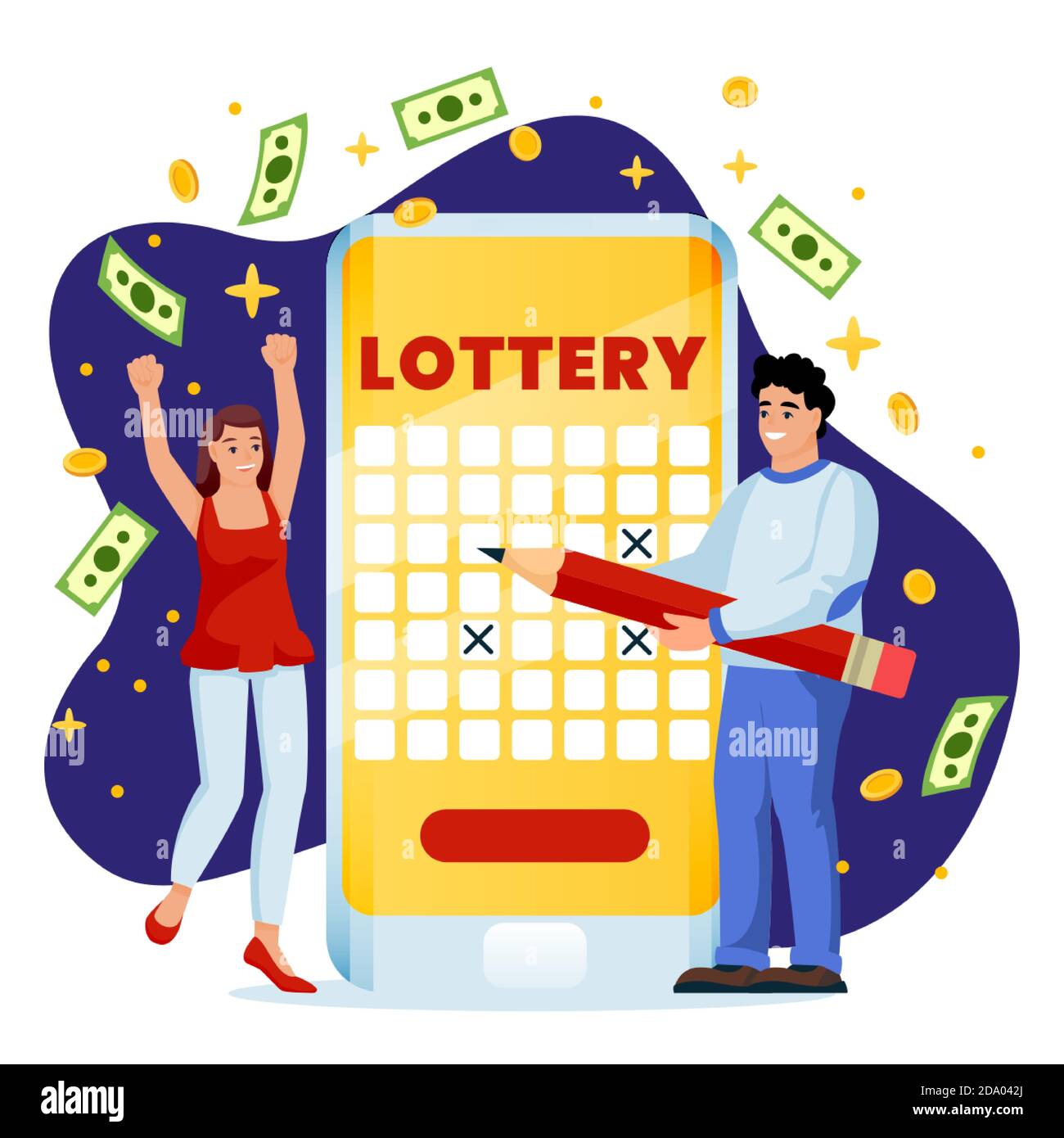 Cheerful couple win money in online lottery. Vector flat cartoon illustration, isolated on white background. Casino or gambling concept. Man and woman Stock Vector