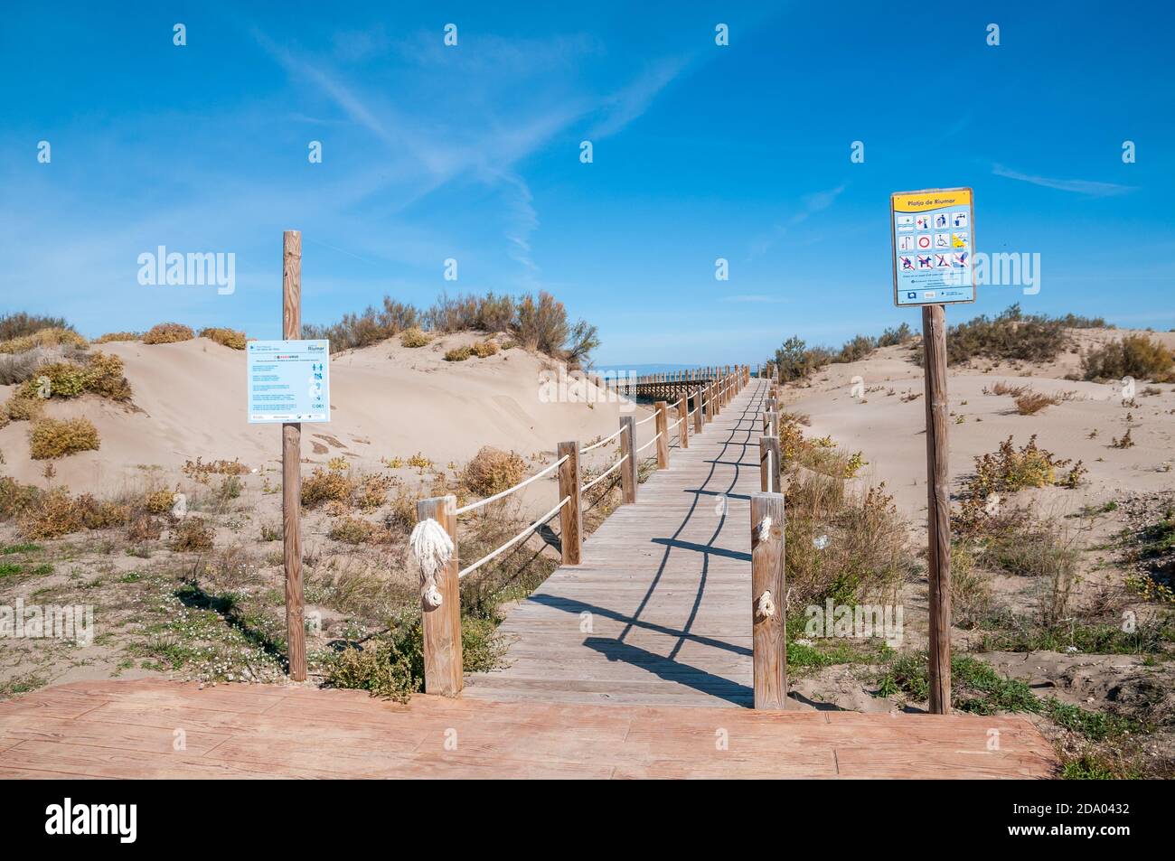 wooden catwalk, Ebro Delta, Catalonia, Spain Stock Photo