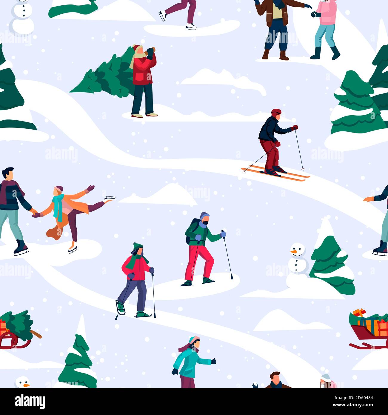 Winter seamless pattern with happy people skiing, skating and walking. Vector flat cartoon Christmas fun background. Outdoor sports, lifestyle and act Stock Vector