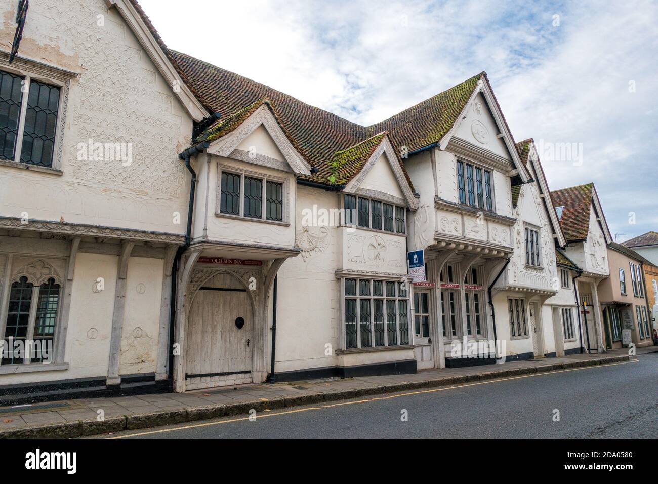 The Old Sun Inn grade 1 listed with ancient pargetting on timber frames in Church Street Saffron Walden England Stock Photo