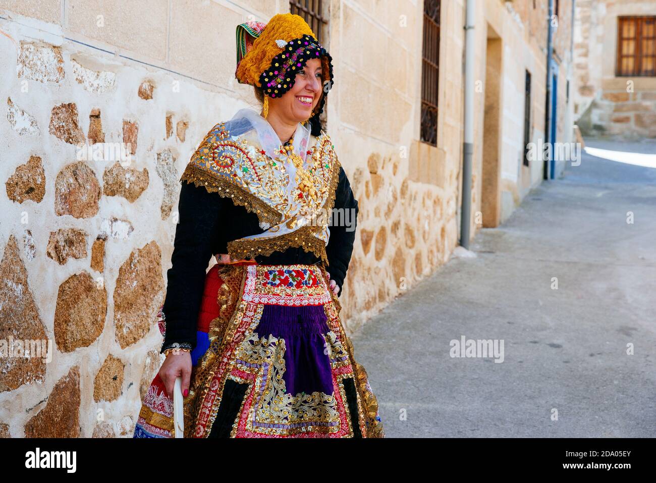 Portrait of a woman dressed in clothing typical of Lagartera. Lagartera, Toledo, Castilla - La Mancha, Spain, Europe Stock Photo