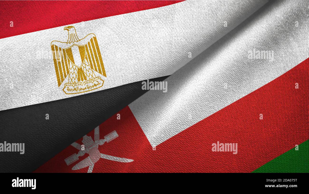 Egypt and Oman two flags textile cloth, fabric texture Stock Photo