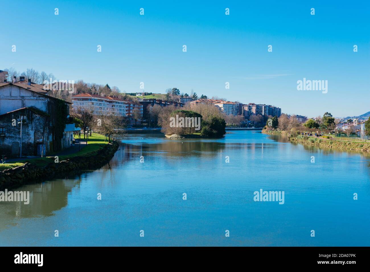 Bidasoa river, natural border between Spain and France. In the center, the island of the Pheasants, with shared sovereignty. Every 6 months correspond Stock Photo