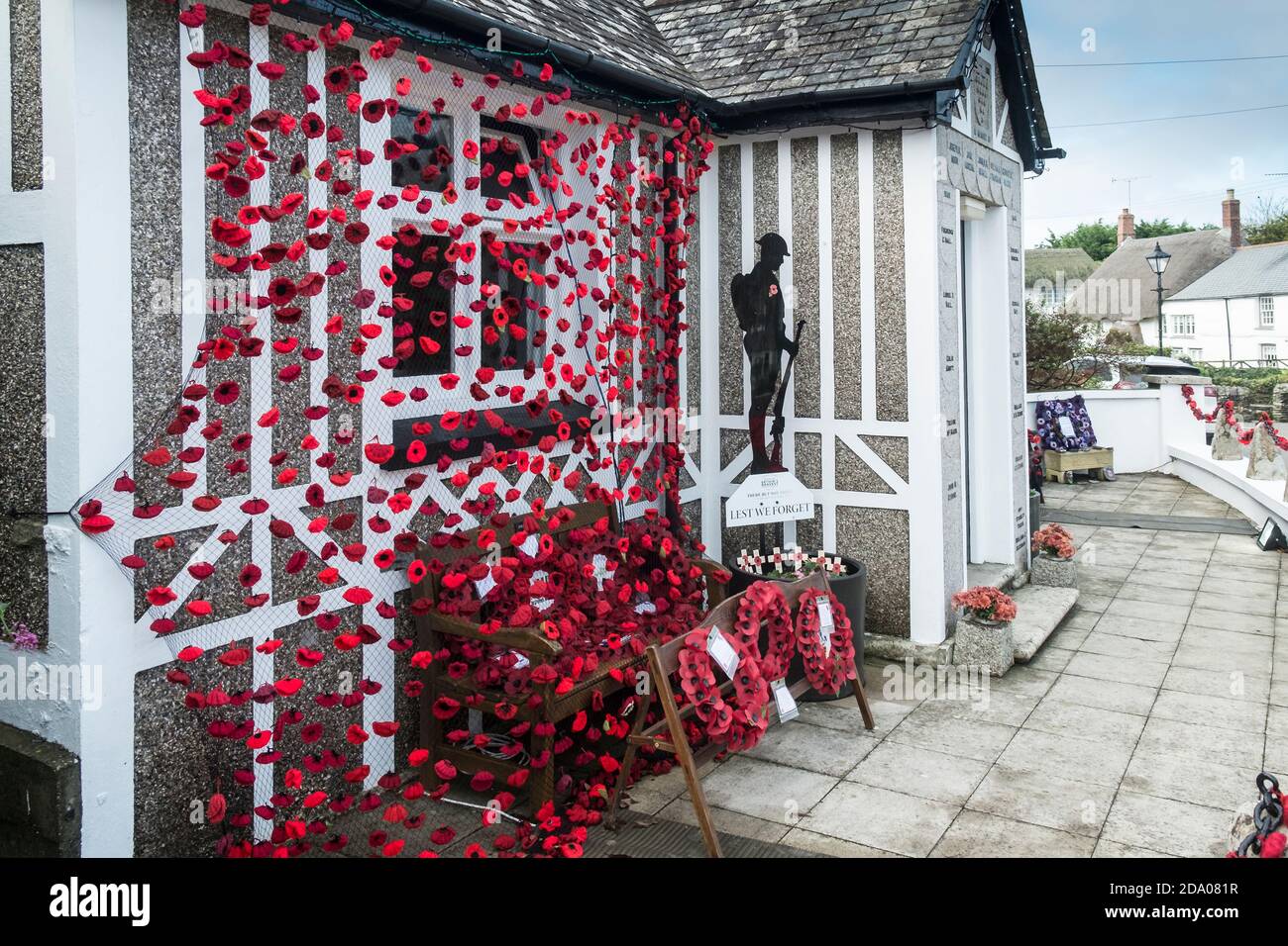 Remembering Together for Remembrance.  A display by Crantock WI and Arty/Crafty Group at Crantock Village in Cornwall. Stock Photo