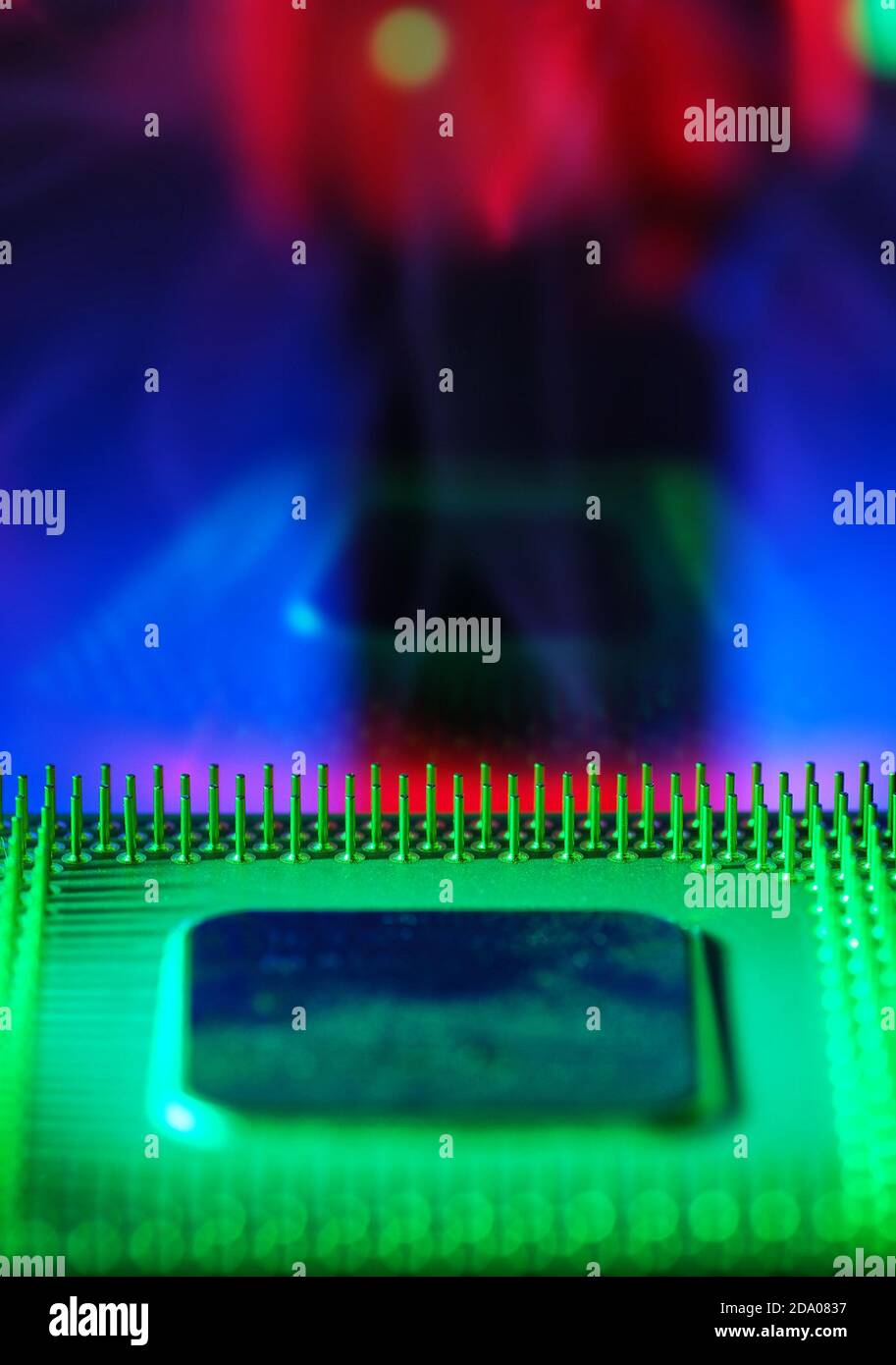 CPU, computer processor in green light, colorful