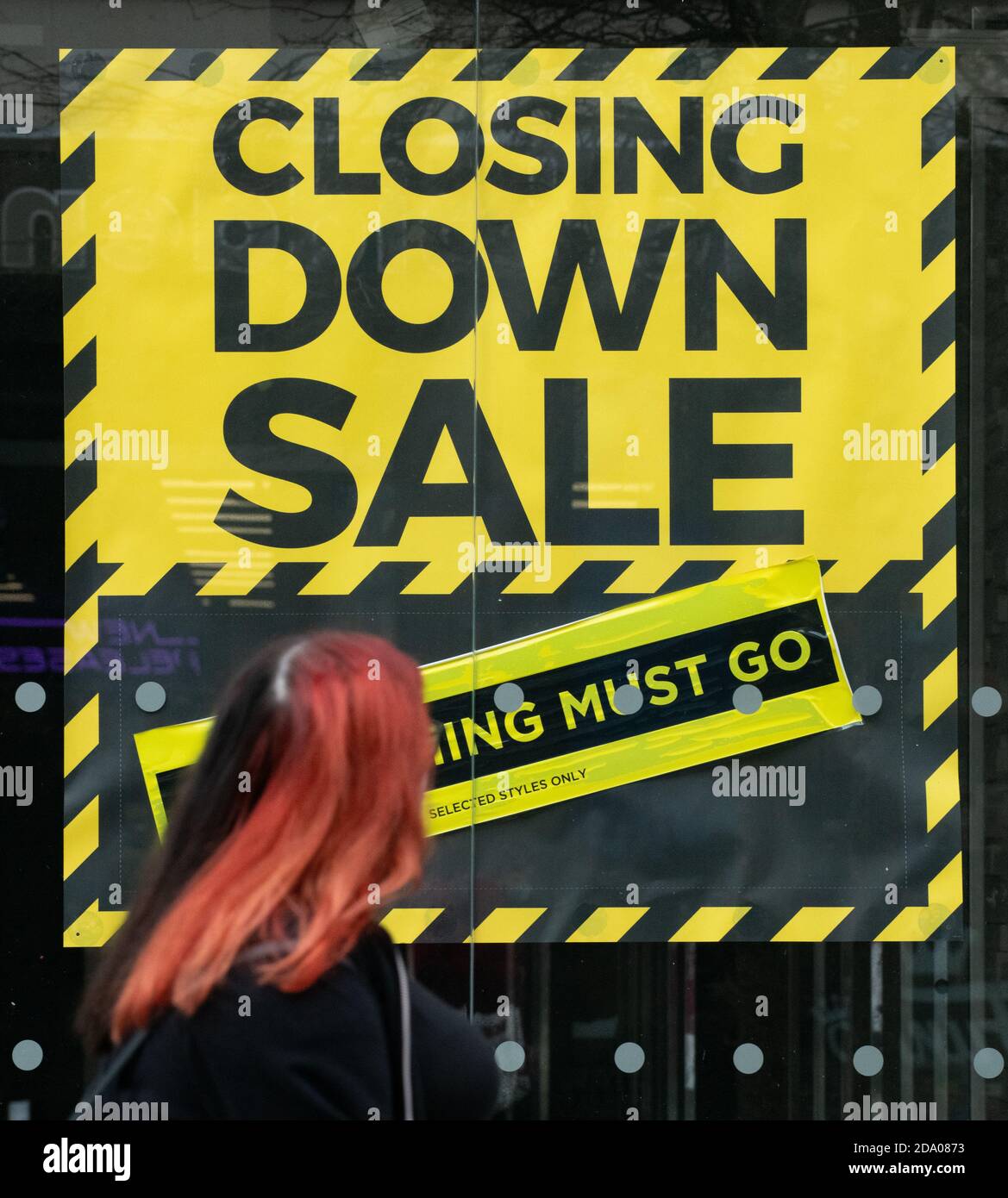 Closing Down Sale sign on windows of closed shop, Glasgow, Scotland, UK (Bonmarche store which closed early 2020) Stock Photo