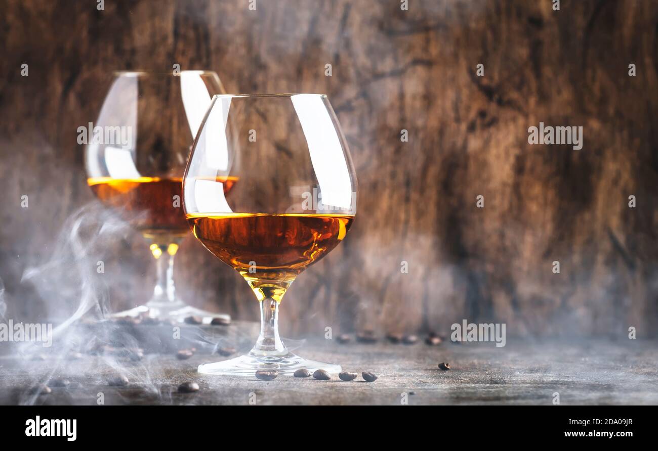 Armagnac, French grape brandy, strong alcoholic drink. Still life in